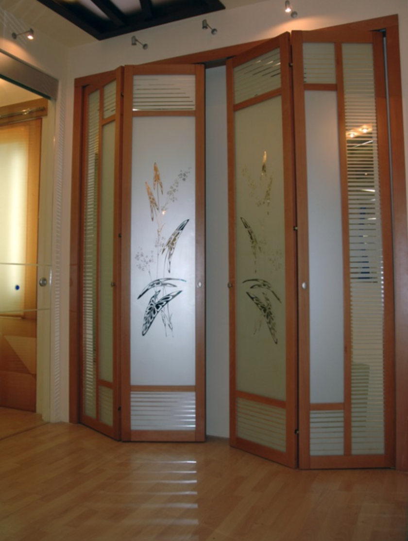 Широкие двери гармошка с матовым стеклом и рисунком Семей